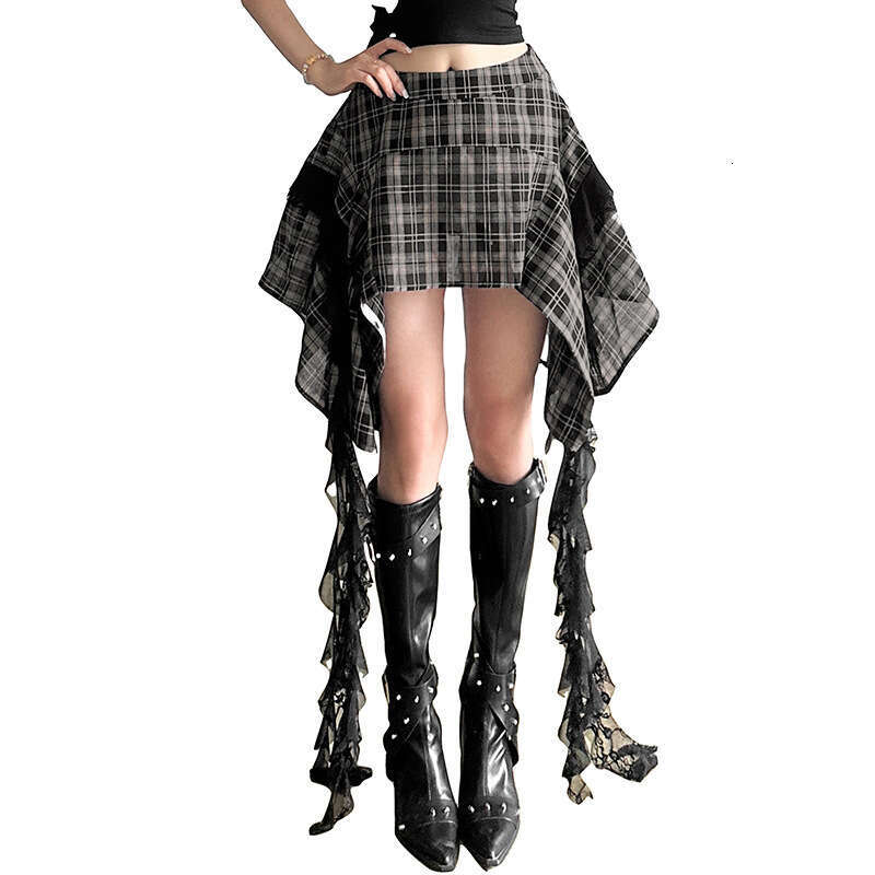 Summer New Women's Plaid Patchwork Irregular Design Slim Fit Midi Skirt B5