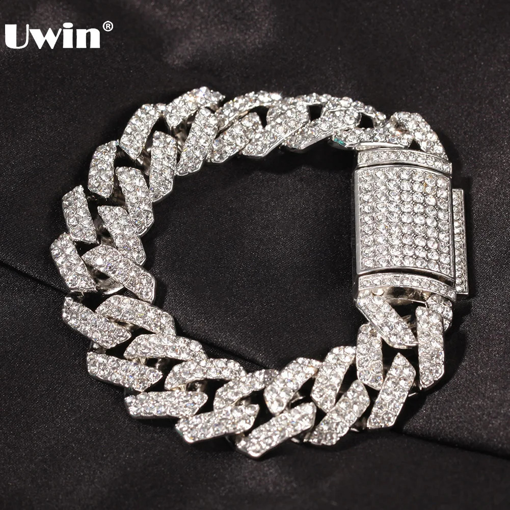 UWIN 18mm Zinc Alloy Cuban Chain Bracelet for Men Two Rows Bling Rhinestone Bracelets Fashion Hip Hop Jewelry for Drop 250530