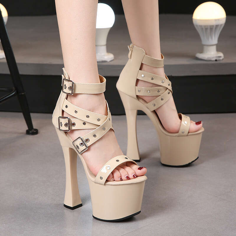 Super High Heels Studded Back Strap Roman Sandals High 17Cm Chunky Heel Summer Thick Sole Waterproof Platform Platform High Heels