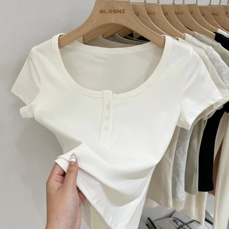 Summer Women T Shirt Button T-Shirt Woman Clothes Tops Cotton Slim Tshirt Female Short Sleeve Top Summer Tee Sexy Canale Y2k 250529