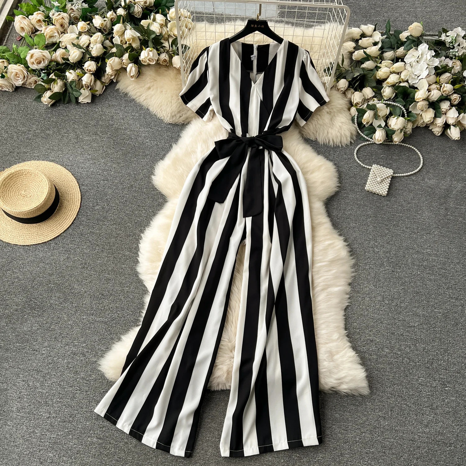 Gentle Women Jumpsuit Stripe V Neck Sleeveless Lace Up Bow High Street Korean Style Summer Long Senior Rompers 250530
