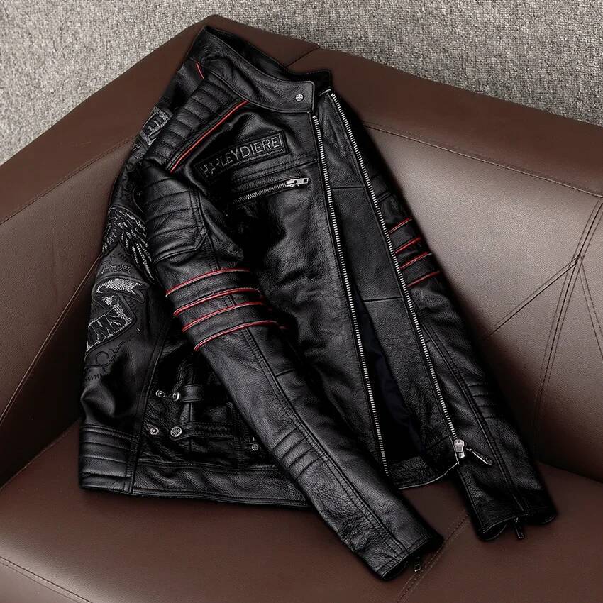 Men's Spring Original Leather Motorcycle Jacket 2025 Skull Embroidery Top Layer Cowhide Clothing Fit Black Slim Male Coat