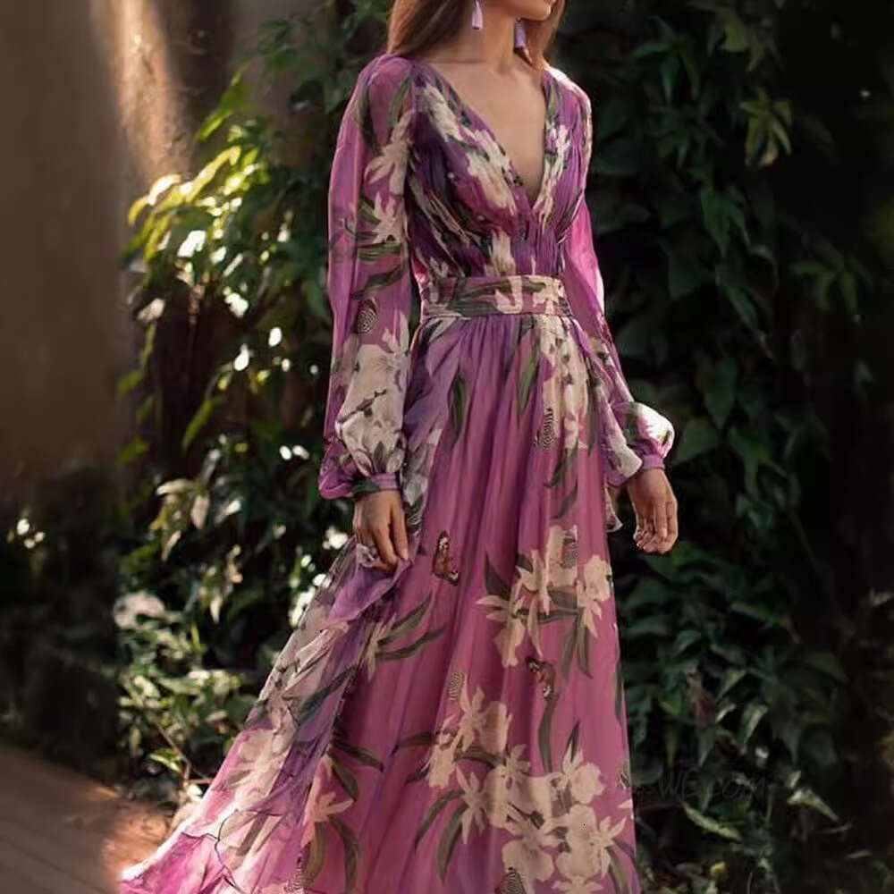 Summer New Printed Women's V-Neck Sleeve Flared Long Dress For Women B5