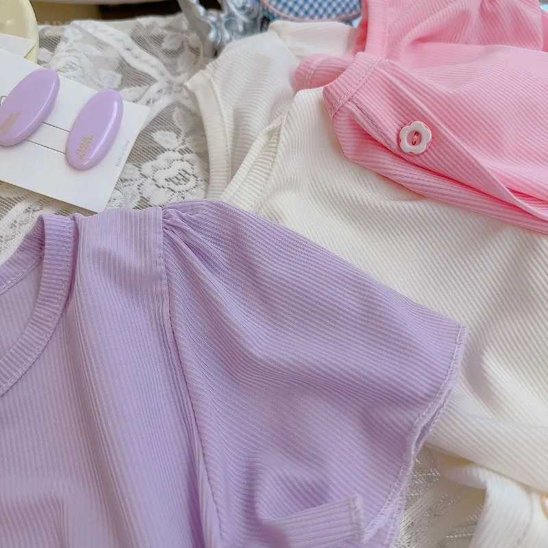 1-10Y Girls Short Sleeved T-shirt Summer New Round Neck Sweet Shirt Girl Outer Wear Childrens Knitted Modal Short Sleeved Tops T250603