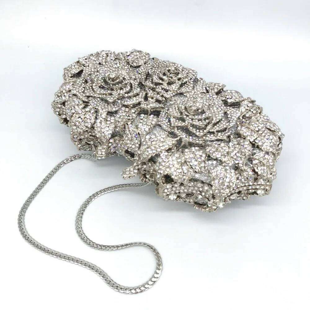 Hollowed-Out Rose Rhinestone Evening Crystal Women's Wedding Bridal Dinner Gown Bag Fashionable Banquet Handbag