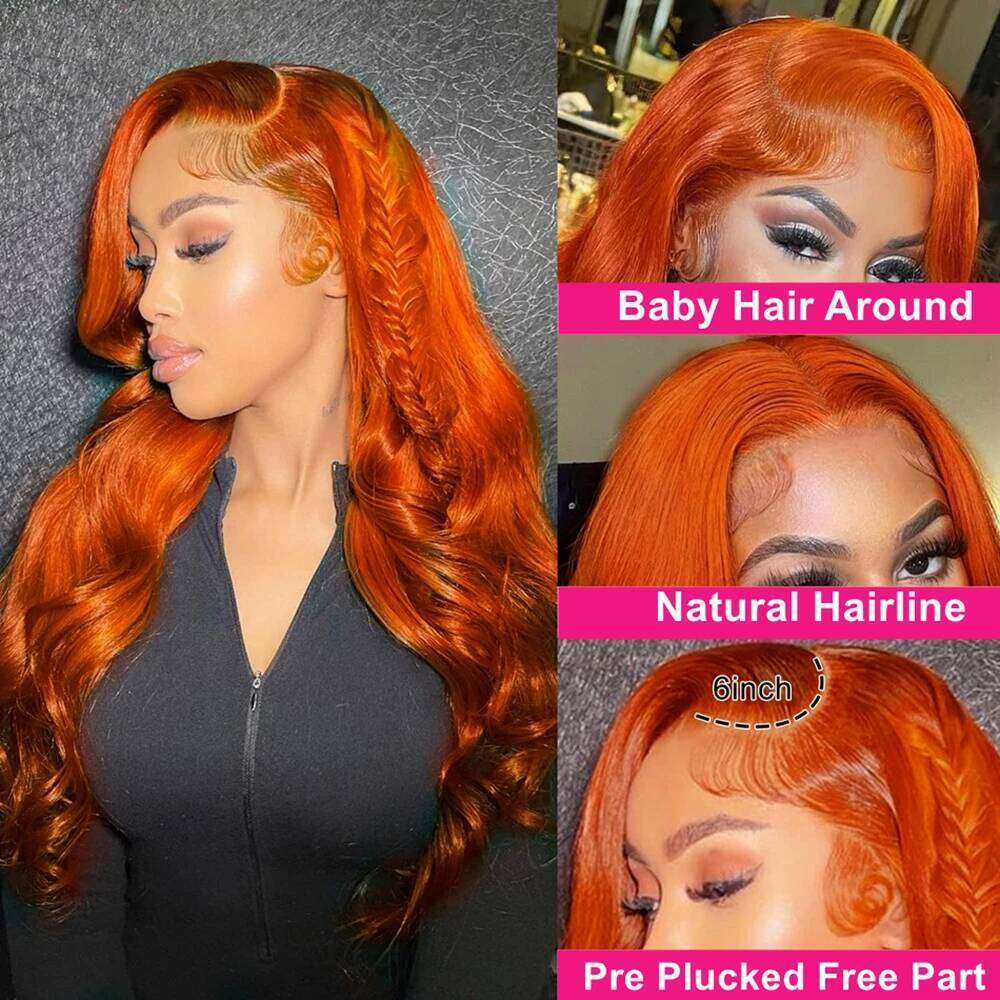 Neddie 13x6 Hd Frontal Orange Ginger Human Hair Wig Body Lace Front for Women Loose Wave Colored Wigs Brazilian