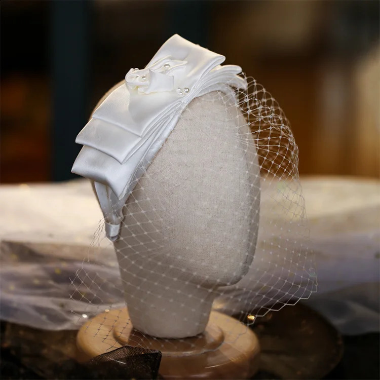 White bridal hairband Mesh Satin Bow Headband Vintage Fairy Bridal Wedding hair Accessory 250530