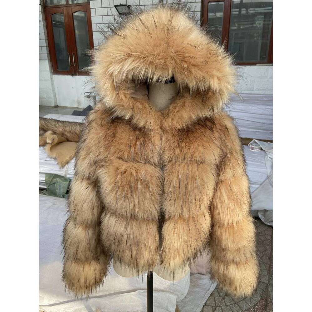 HOOOFUR Light Faux Women's Raccoon Jacket Winter Fashion Warm Thick Fox Leather Brown Especially Fake Fur Cold