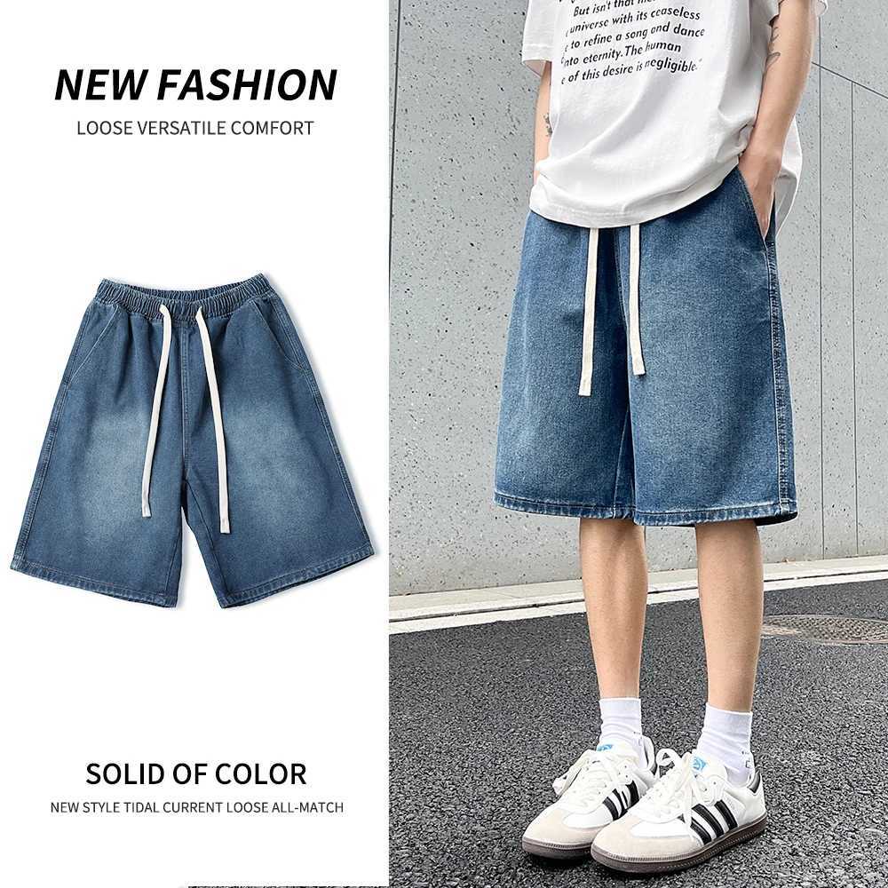 Loose Straight Mens Denim Shorts Summer Fashion Drawstring Design Short Jeans New Streetwear Jogging Solid Color Shorts Men T250603