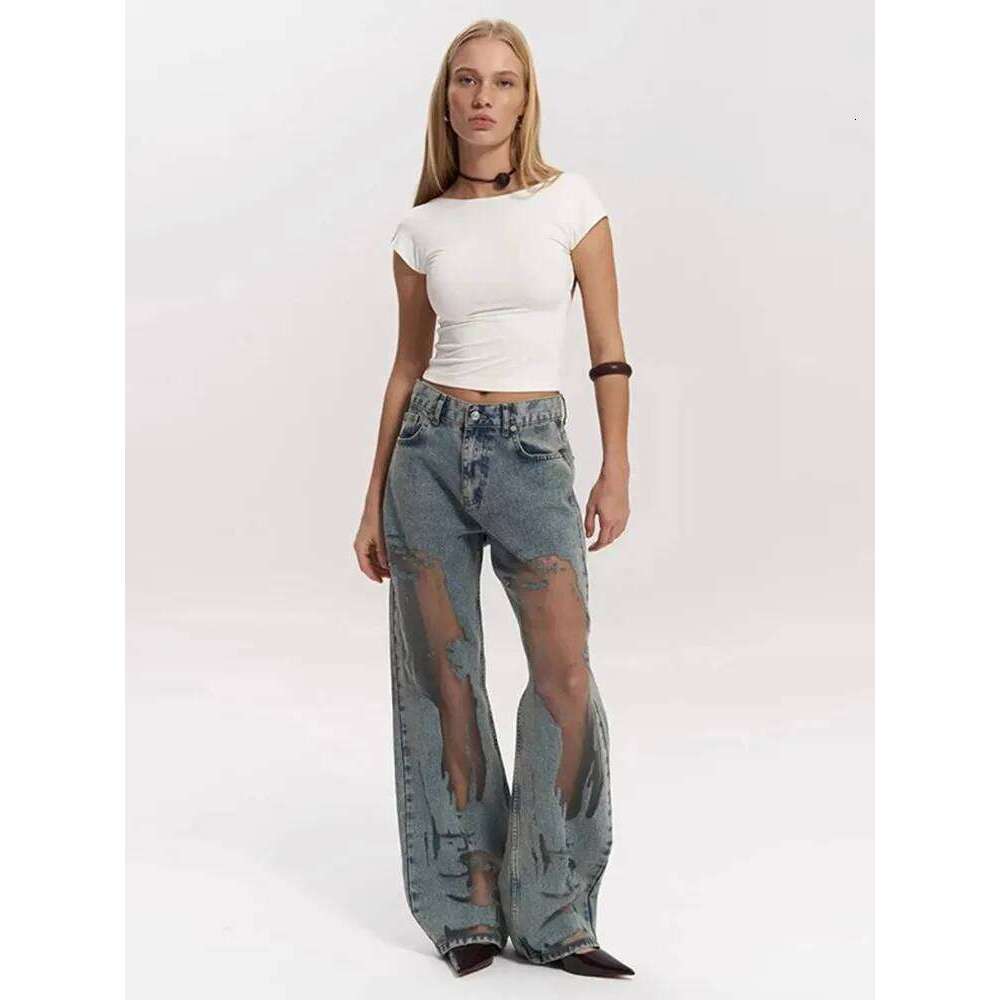 Y2k Cut-Out Gradient Woman's Pants Mesh Patchwork Low Rise Jeans For Women Baggy Wide Leg Dragging Vintage Denim Trousers