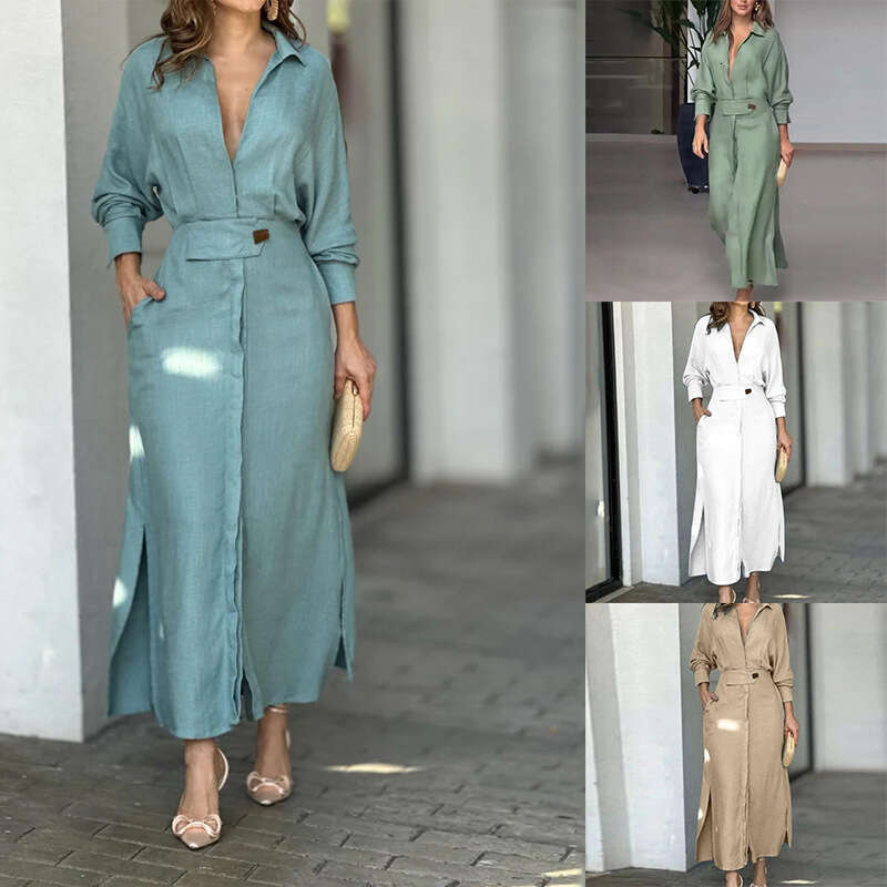 Style Commuting Strap Solid Color Waist Long Sleeve Irregular Shirt European and American Dress Women's 2025 New Casual Fashion Trendy Clothing