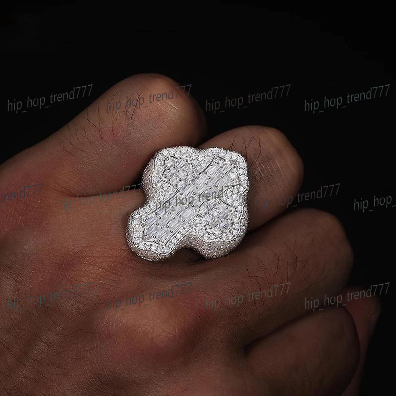 New Trendy Mens 925 Sterling Silver 18K Gold-Plated Luxury Baguette Cut Cross Ring VVS Moissanite Diamond Custom Hip Hop