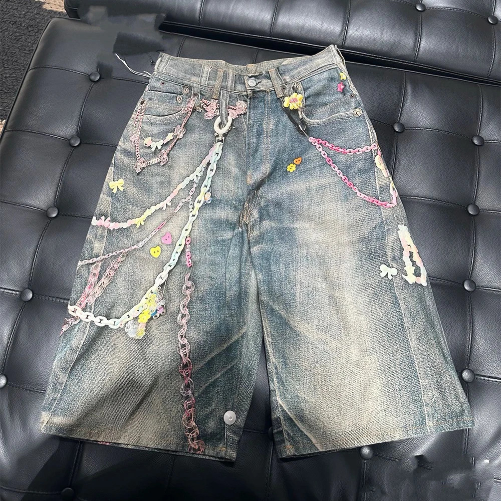 SS25 Candy Chain 3D Printed Vintage Aged Wide Leg Loose Fit Denim Shorts 250529