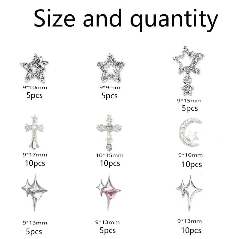 65Pcs Cross Nail Charms Silver 3D Star Charms and Gems Astral Moon Nail Art Jewelry Multi Style Nail Rhinestones for Nails 250528