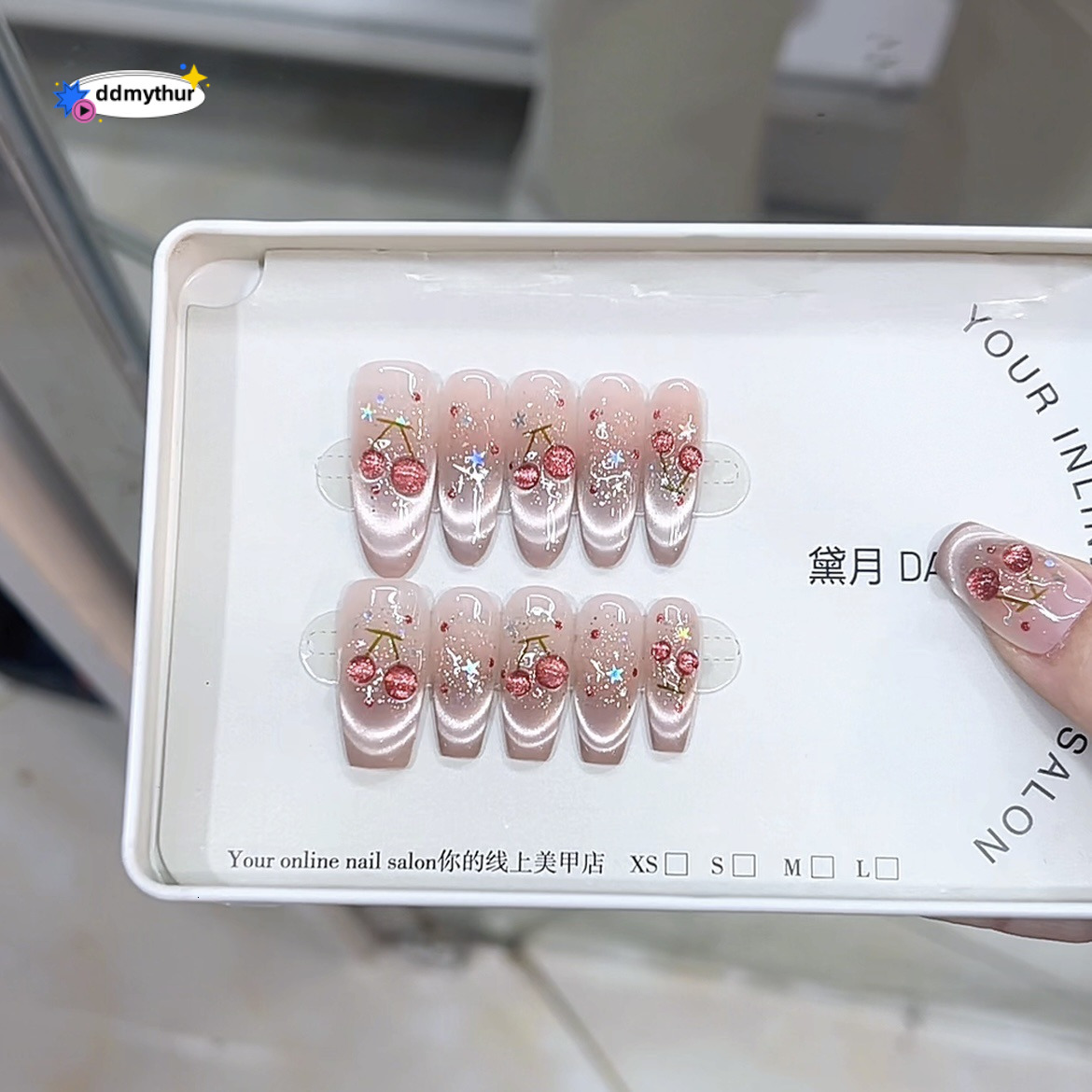 Nai Zi Handmade Wearable Nails 3D Hand-painted Large Cherry French Cat Eye Style High-end Nail Stickers ddmythur