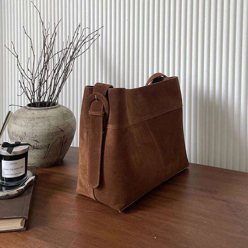 Genuine Leather 2025 Spring Cow Suede Shoulder Bags Women Retro Gold Buckle Large Capacity Totes Lady Handbags