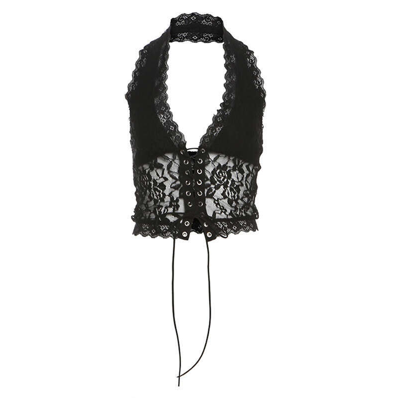Spring New Women's Fashion Pure Desire Sexy Lace Trim Design V-Neck Sheer Sleeveless Short Top B5