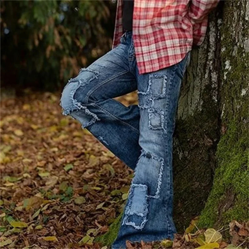 Vintage Patch Stretch American Style Flared Jeans Mens Streetwear Button Splicing Pocket Male Youth Daily Casual Denim Pants 23 250530
