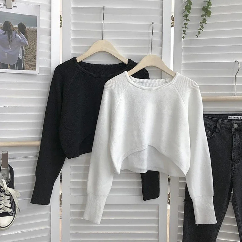Xpqbb Women Cropped Sweater Jumpers Vintage Streetwear Knitting Pullovers Female Harajuku Simple Loose Casual Sweaters 250603