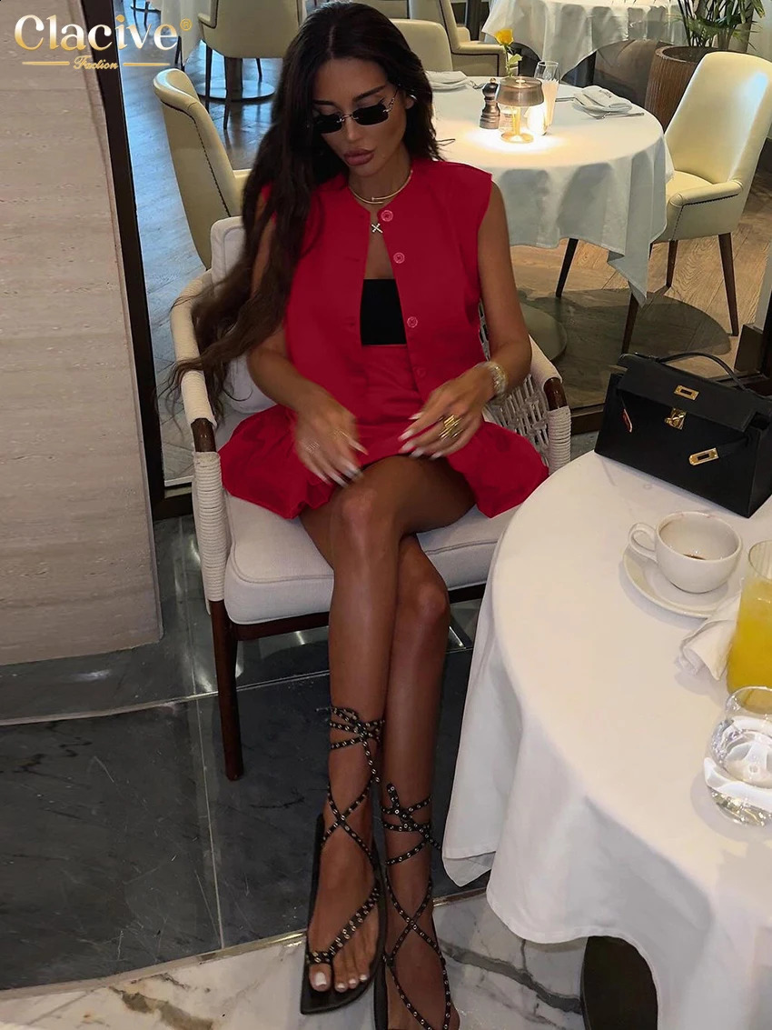 Clacive Summer Loose Red Cotton Womens Two Pieces Set 2025 Fashion Sleeveless Tank Top With High Waist Mini Skirt Set Female 250530