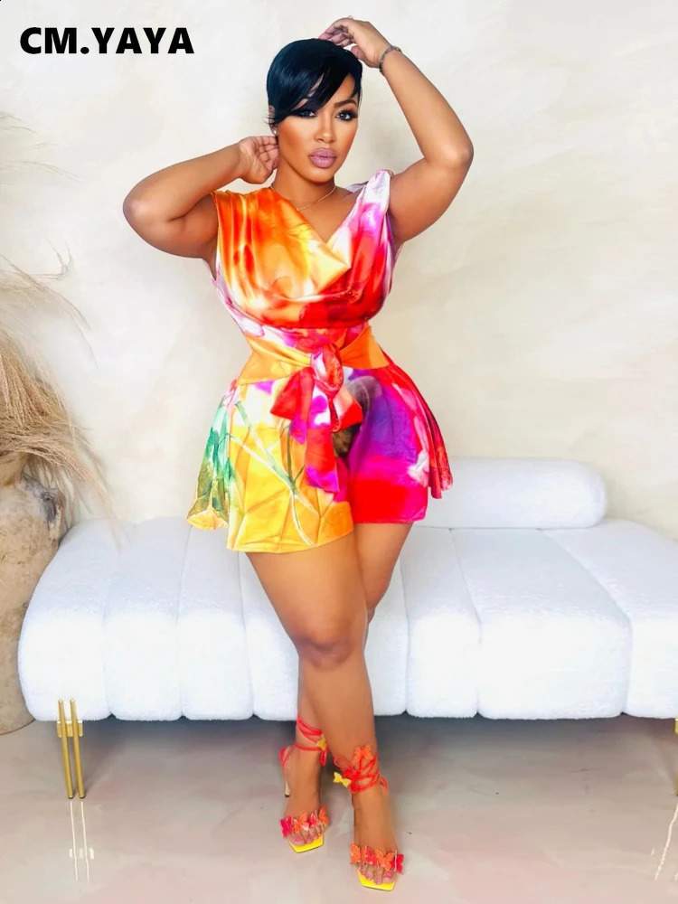 CM.YAYA Women Tie Dye Print Beach Sleeveless V-neck Sashes Sexy Party Club Playsuits Jumpsuit Summer One Piece Suit Rompers 250528