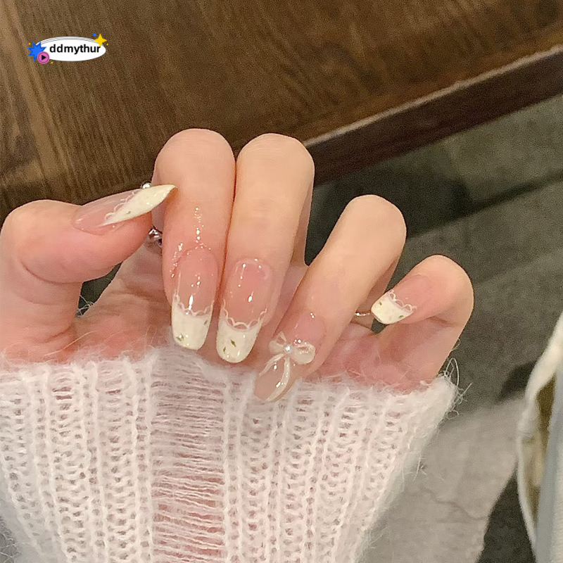 Spring and Summer Nail Tips High-End Lace French Manicure Stickers Sweet Girl Wearable Fake Nails ddmythur