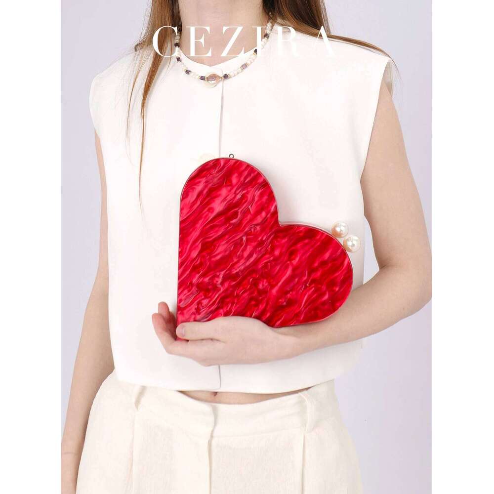 Red Heart CEZIRA Shaped Acrylic Clutch for Women Fashion Cute Pearls Decor Evening Bag Party Purse Valentine's Day Gift