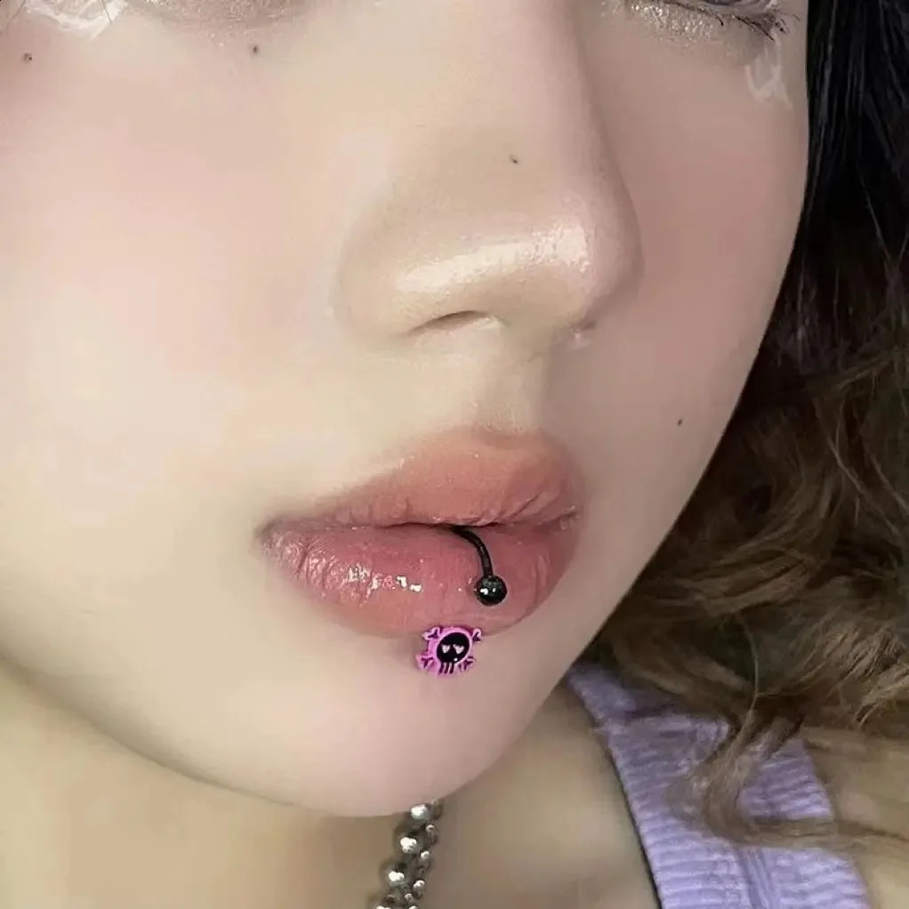 Punk Cool Bat Spider Pink Skull Lip Ring C-shaped Stainless Steel Zircon Labret Piercing Fashion Body Jewelry Halloween Gifts 250530
