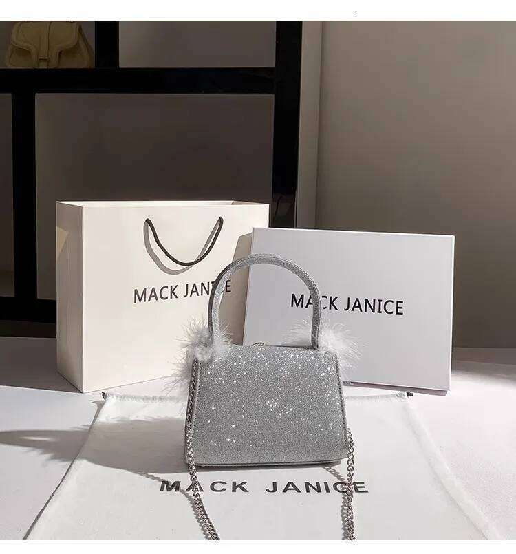 Glitter Shiny Dias Evening Fashion Ostrich Hair Square Women's Handbag Wedding Party Clutch Purse Crossbody Bag