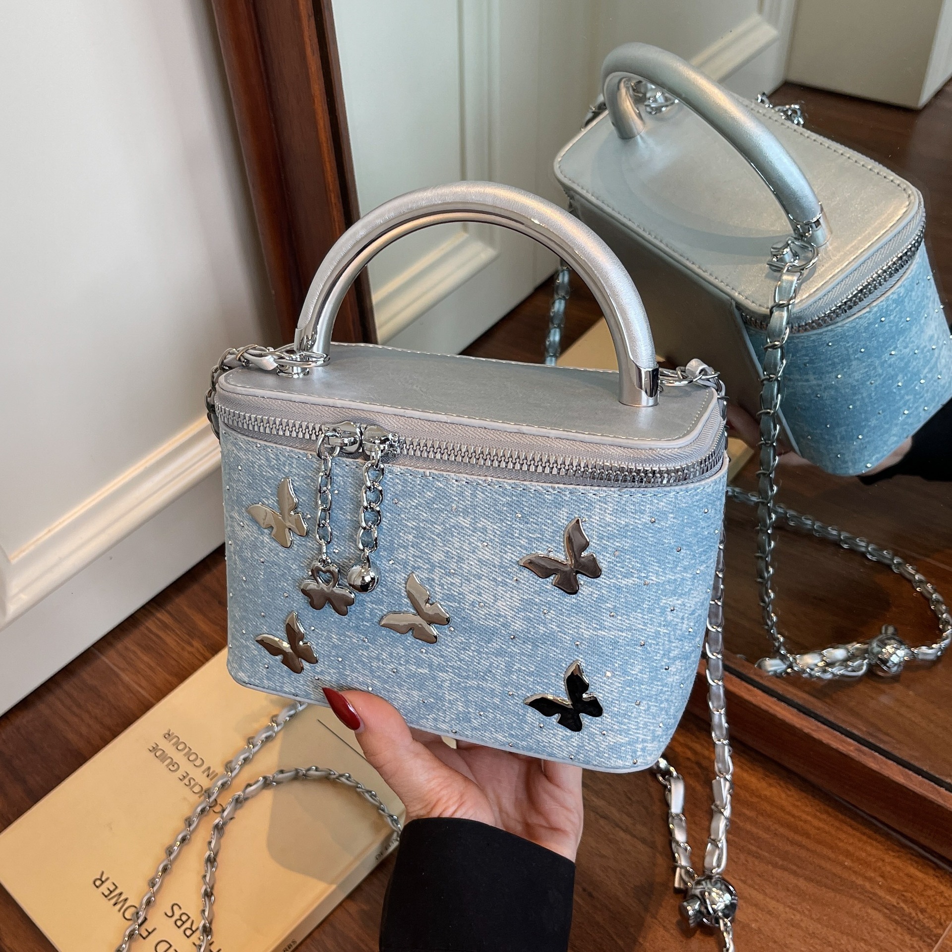 designer High-End Denim Chain Handbag Small Square Bag for Women 2025 New Versatile Fashion Single Shoulder Crossbody Box Bag