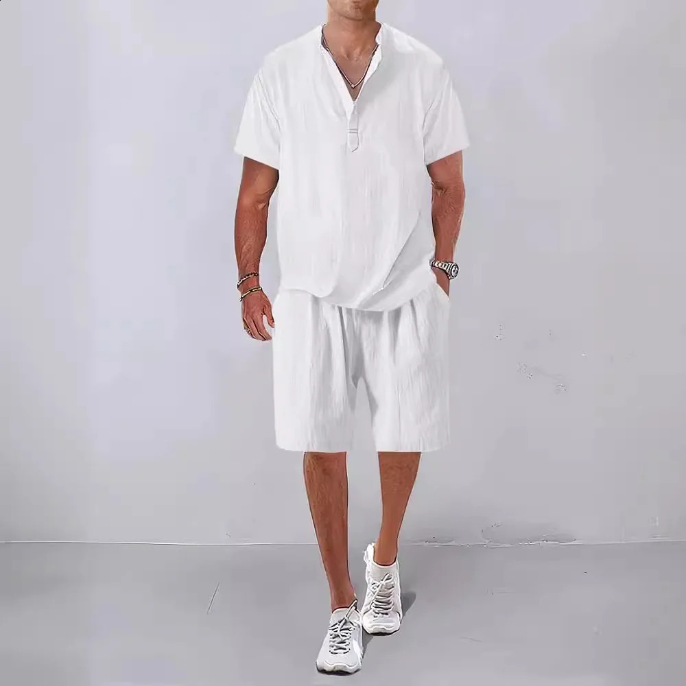 Fashion Men Sets 2025 Summer Mens Solid Color Stand Collar Linen Outfits Short Sleeve Polo ShirtShorts 2 Pieces Casual Suit 250530