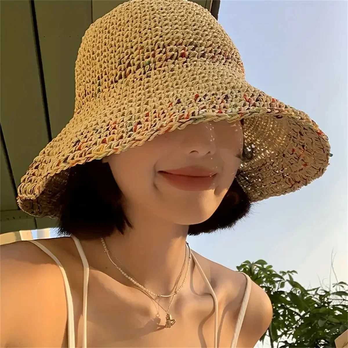 One Summer Hollowed-Out Sun Protection Hat Breathable and Not Stuffy Rainbow Seaside Vacation Style Wide Brim Woven Fisherman W250602