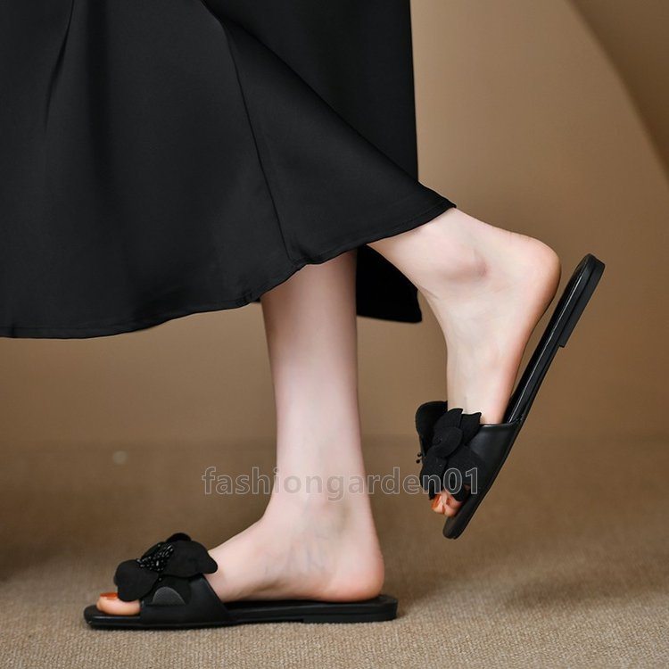 designer sandals summer beach slides flat bottom slippers slip-on sliders fashion square head slipper open-toe flower embellished rose red half-slippe