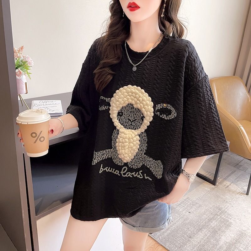 2025 New Spring and Summer T-shirt New 3D Little Sheep Women's Short Sleeve T-shirt, Summer New Fashion Half Sleeve Top Trendy Designer Solid Col