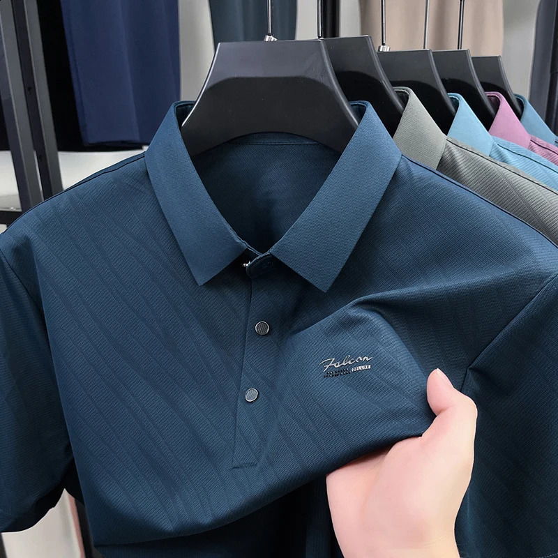 Fashion line printed mens short sleeve polo shirt trend summer item business casual solid color lapel Tshirt 250529