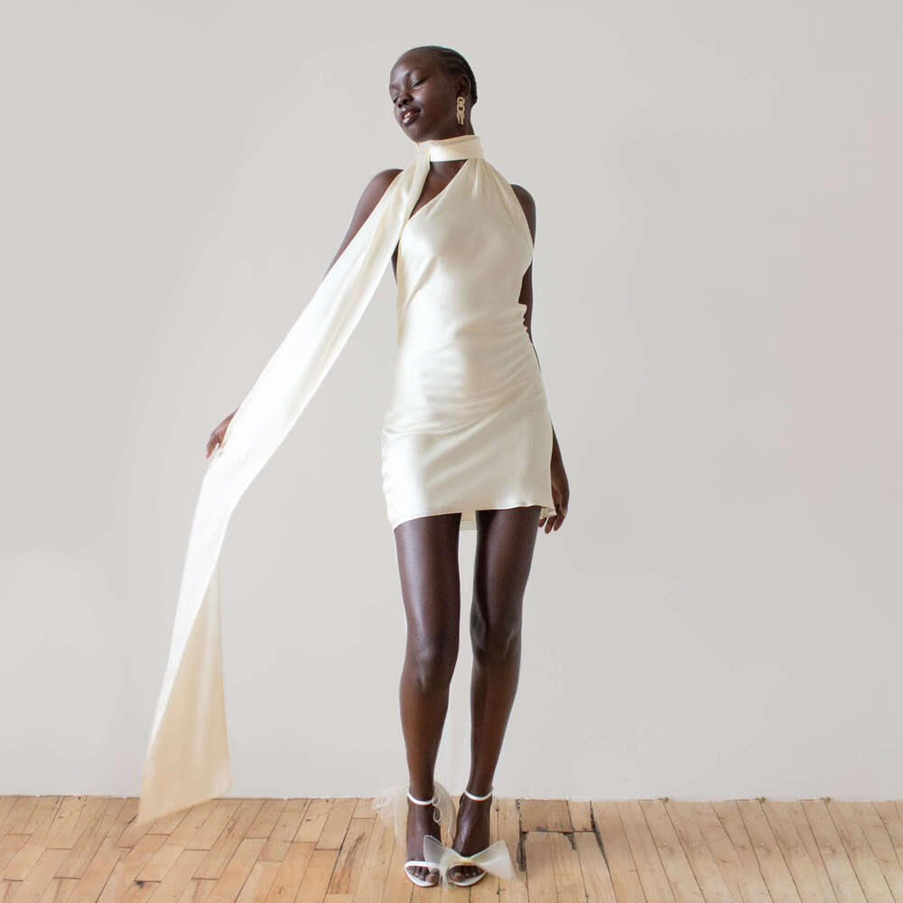 New European American with feminine feel, featuring a backless short skirt adjustable neck hanging satin dress This versatile and trendy new outfit fr