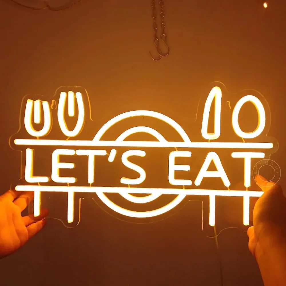 Lets Eat LED Neon Light Sign Fork Knife Spoon Plate Dish Food Restaurant Kitchen Canteen Party Wall Sign Decor Gift USB Powered XJ250602