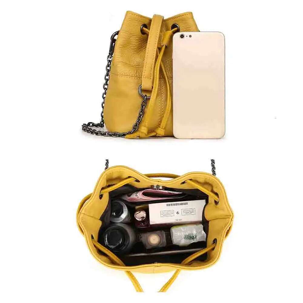 MS Cowhide Handbags Women Chains Shoulder Soft Natural Leather Bag Female Mini Bucket Yellow New In 2023