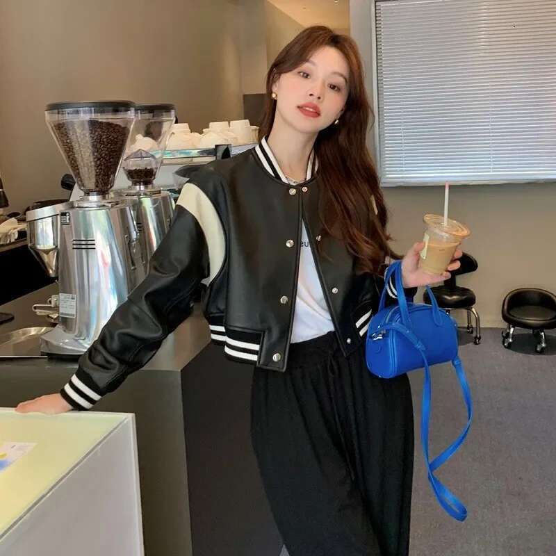 Black And White Color Block Loose Fit Bike Jacket For Women New 2024 Spring Autumn Casual American Style Leather Clip-On J