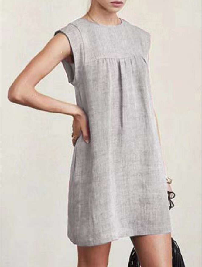 Fashion New Summer Loose Women's Casual Cotton Linen Solid Color Dress B5