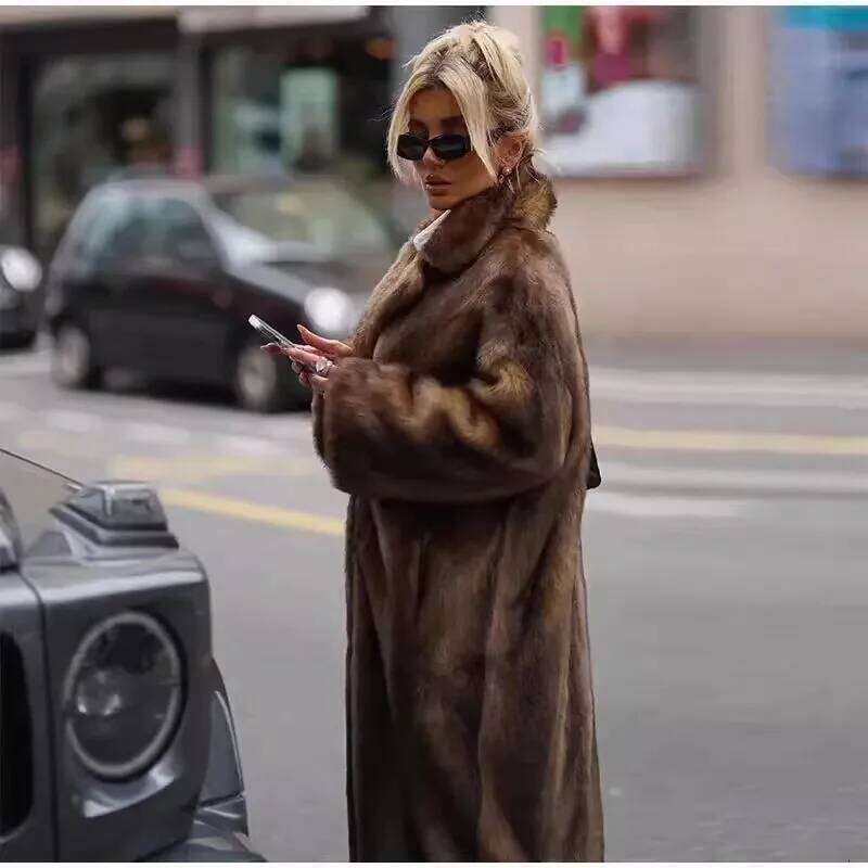 New autumn-winter imitation coat women's long whole mink fur suit collar casual