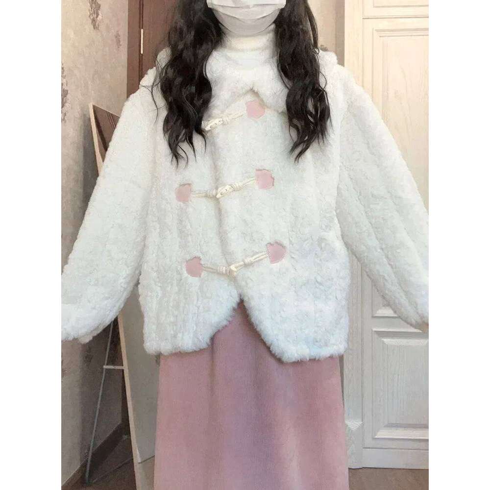 Sweet Pink Patchwork Faux Fur Jacket Loose Horn Button Thicken Coat Women's Winter Coats Plush Warm Outerwear Female Clothes