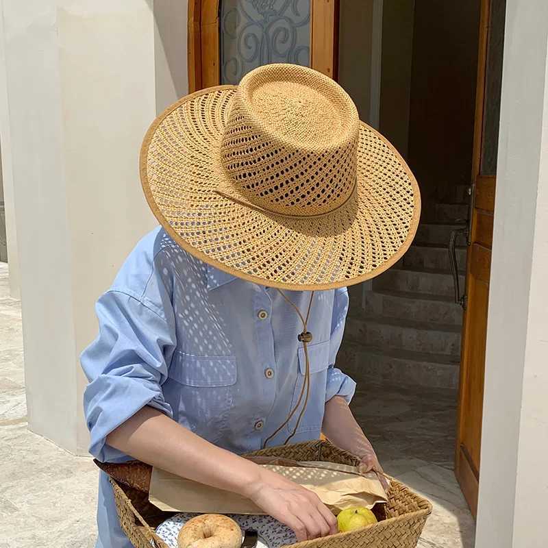 New Designer Style Hollow Big Brim Beach Straw Hats For Women With Straps Fashion Design Summer Sun Hats Lady Panama Fedora Hat W250602