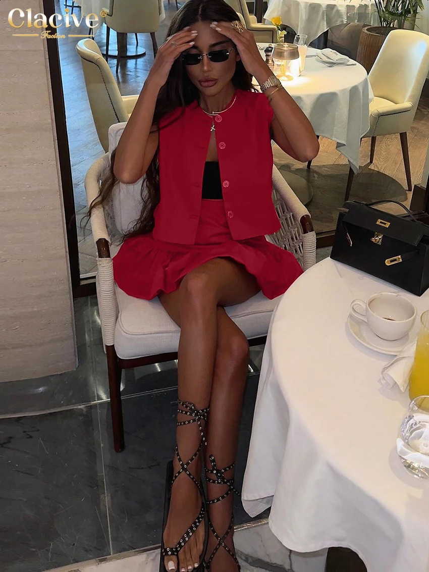 Clacive Summer Loose Red Cotton Womens Two Pieces Set 2025 Fashion Sleeveless Tank Top With High Waist Mini Skirt Set Female 250530