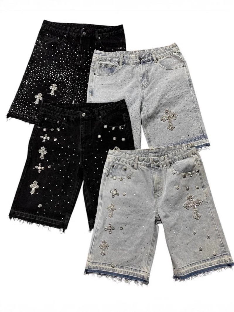 Men's Shorts Streetwear Retro Ripped Denim Men Women Harajuku Hip Hop Punk Twinkle Rhinestone Short Jeans Gothic Brown Baggy