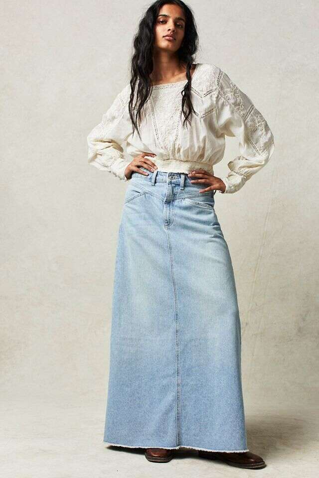 Summer Women's Loose Straight Casual Denim Midi Skirt B5