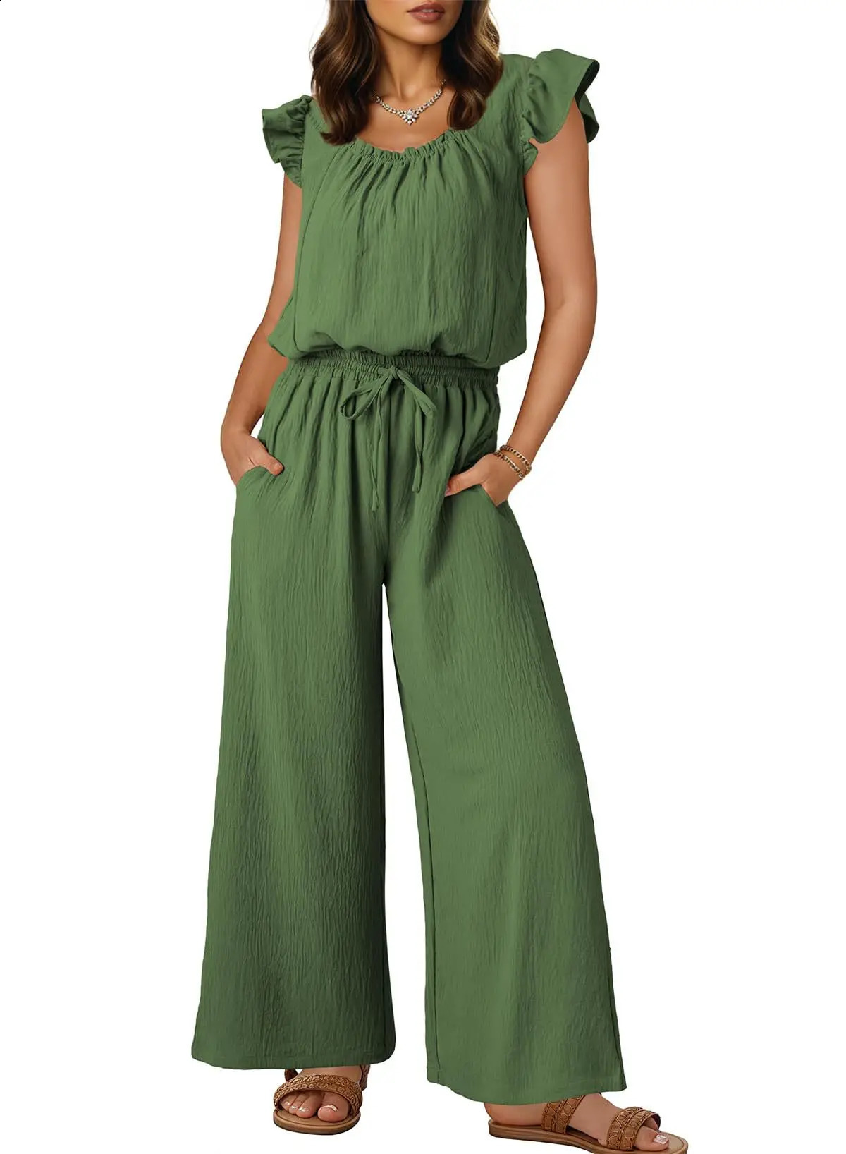 Summer Womens Jumpsuits Lotus Leaf Sleeves High Waist Slim Drawstring Square Collar Fashion Street Casual Jumpsuit 250530