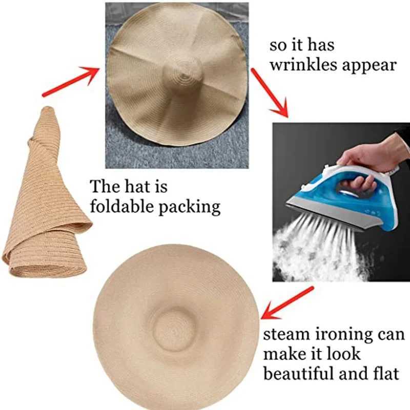 Oversized 70cm Beach Straw Hat for Women Fashion Large Wide Brim Visor Hats Handmade Roll Up Floppy Sun Hat for Summer Beach Cap W250602