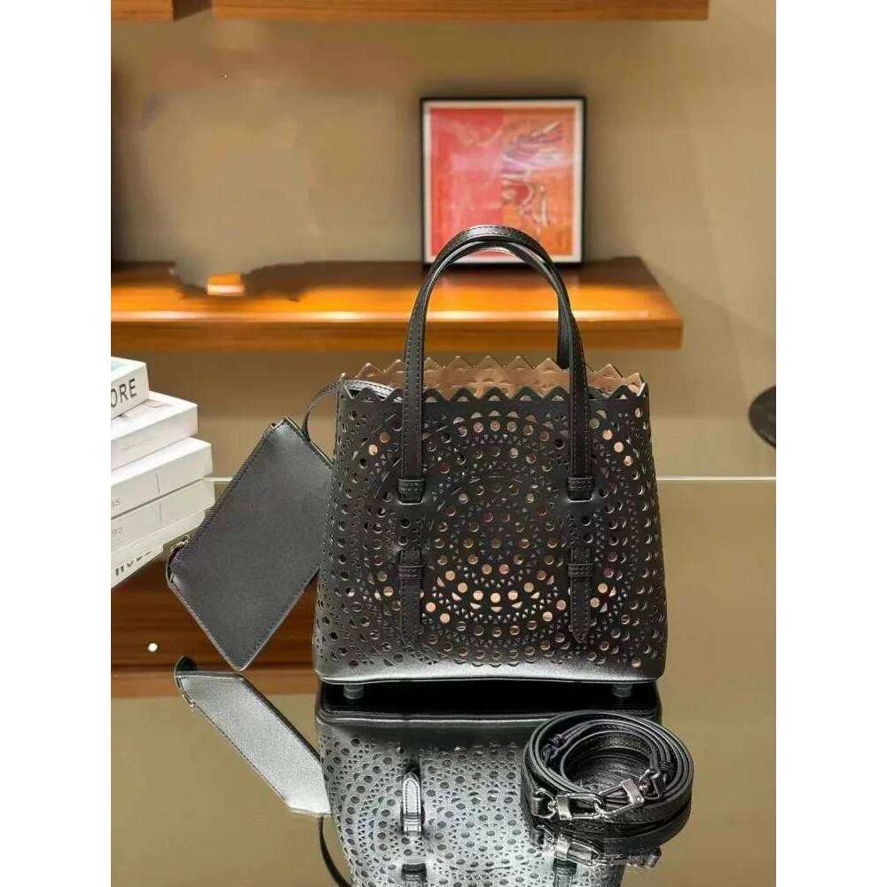 Bucket Style Soft Women Casual Cowhide Real Leather Hollow Out Shoulder Bag Multifunctional Fashionable Handbag Tote Solid color