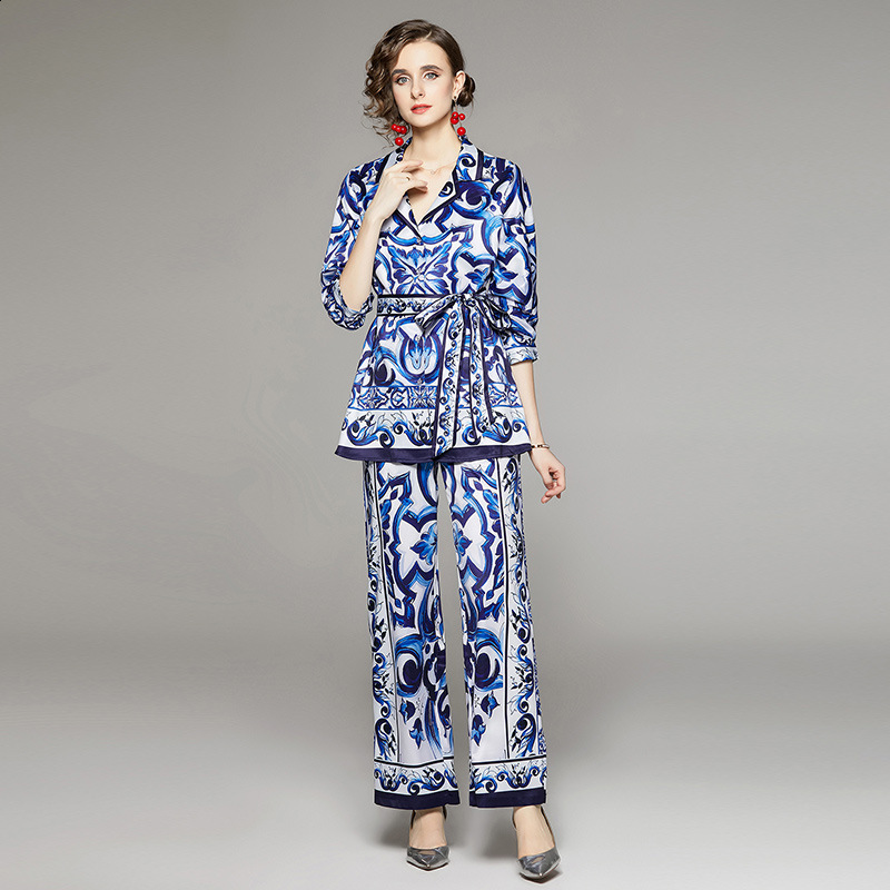 Fashion Ethnic Style Printed Suit Collar Shirt Spring Autumn Belted Straight Pants Casual Set240730